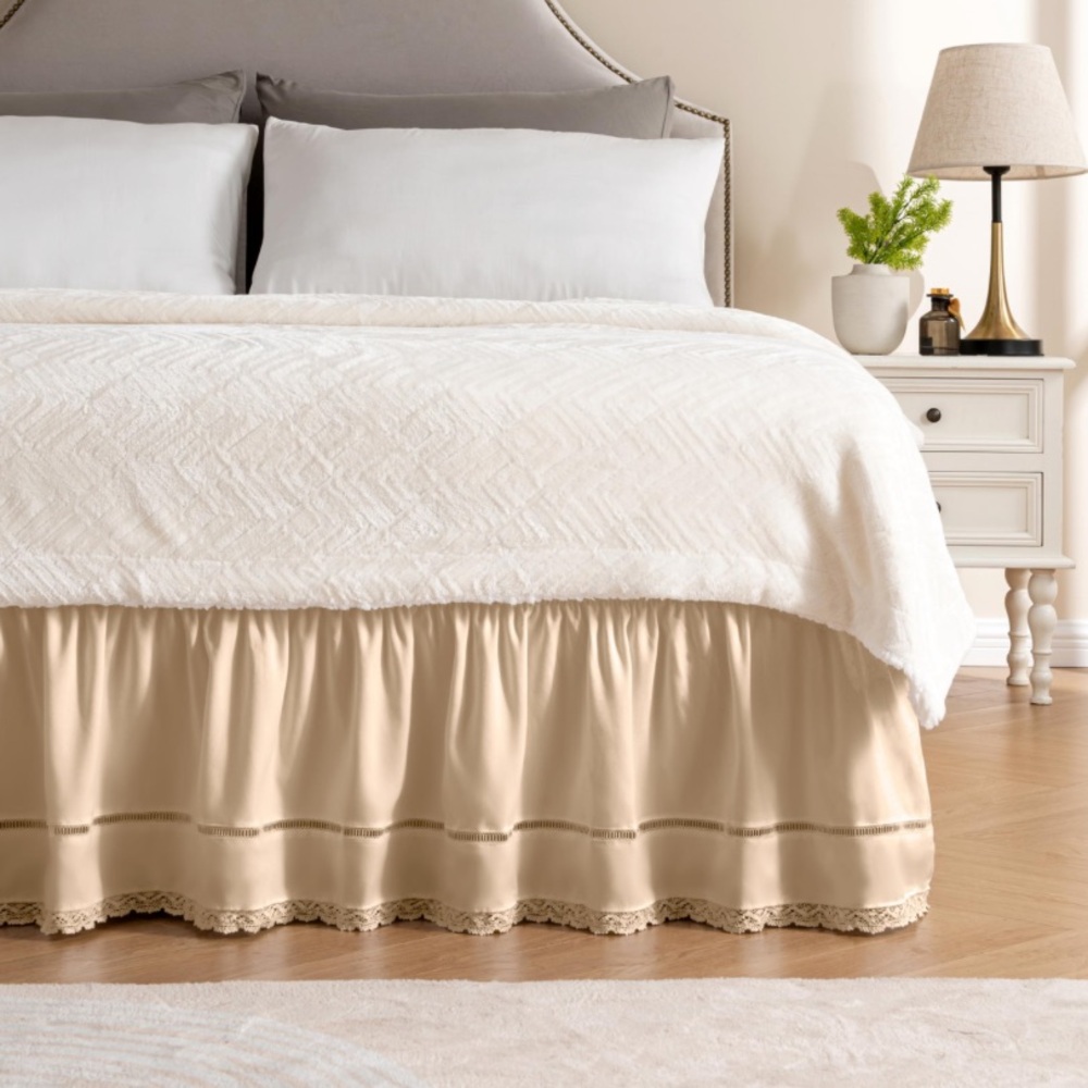 Elegant Floral Lace Bed Skirt-Beige-TWIN/FULL